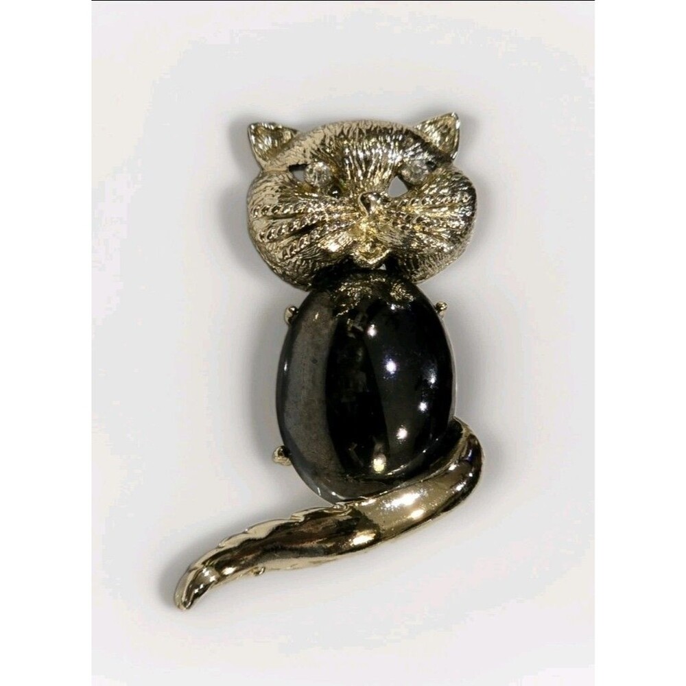 Vintage Gold Tone Cat Brooch Black Cabochon Rhinestone Eyes Figural Jewelry 1392